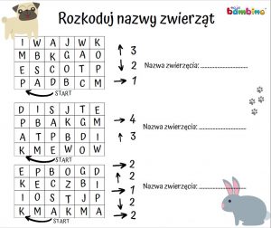 Karta pracy z kodowaniem polegająca na odkryciu nazwy zwierzęcia, które kryje się w karcie. Można to rozwikłać poruszać się po planszy zgodnie z kodem z prawej strony karty. 